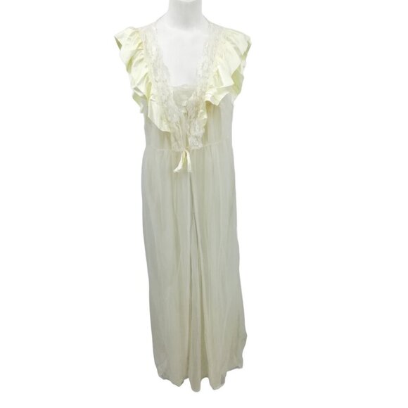 Vintage Pajama Chemise Cover Up Set Size M Ivory Satin 80s Pinup Nightgown Sears - Picture 1 of 16